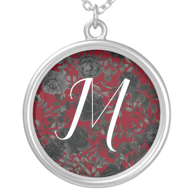 Red and Black Rose Gothic Wedding Monogram Silver Plated Necklace (Front)