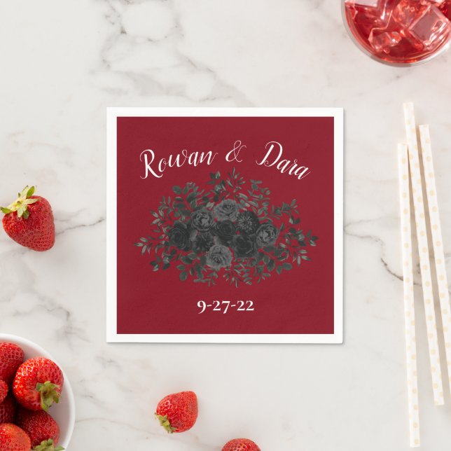 Red and Black Rose Gothic Wedding Napkins (Insitu)
