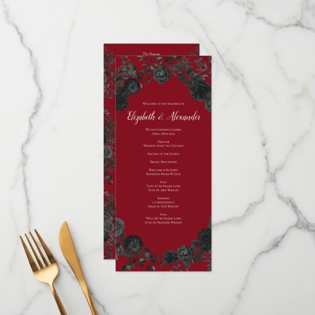 Red and Black Rose Gothic Wedding Programs (Front/Back In Situ)