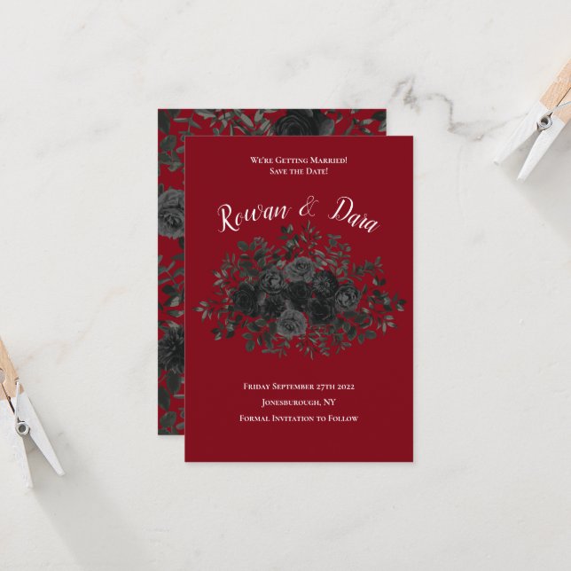 Red and Black Rose Gothic Wedding Save the Date Invitation (Front/Back In Situ)