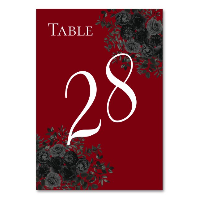 Red and Black Rose Gothic Wedding Table Numbers (Front)