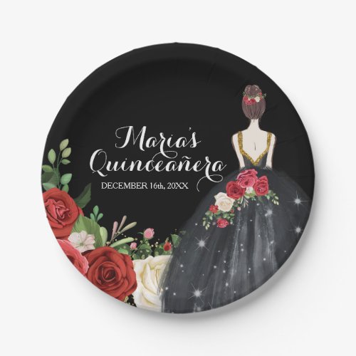 Red and Black Roses Mis Quince Paper Plates