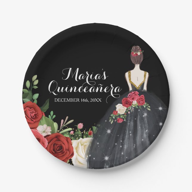 Red and Black Roses Mis Quince Paper Plates (Front)