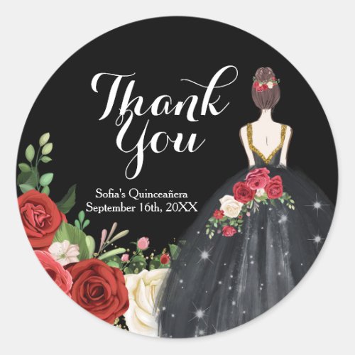 Red and Black Roses Mis Quince Thank You Classic Round Sticker