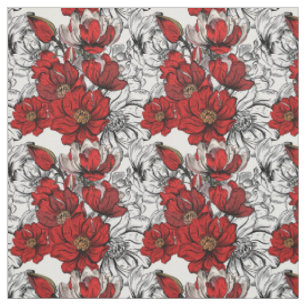 Red and Black Roses Pattern Flower Outline Fabric