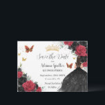 Red and Black Roses Princess Gold Quinceañera Save The Date<br><div class="desc">Personalize this pretty red and black floral Quinceañera / Sweet 16 birthday save the date easily and quickly. Simply click the customize it further button to edit the texts, change fonts and fonts colors. Featuring a girl dressed in a beautiful glittery black ball gown, vibrant red and black roses, butterflies...</div>