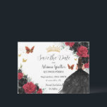 Red and Black Roses Princess Gold Quinceañera Save The Date<br><div class="desc">Personalize this pretty red and black floral Quinceañera / Sweet 16 birthday save the date easily and quickly. Simply click the customize it further button to edit the texts, change fonts and fonts colors. Featuring a girl dressed in a beautiful glittery black ball gown, vibrant red and black roses, butterflies...</div>