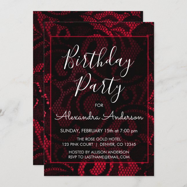 Red and Black Satin Lace Any Age Birthday Party Invitation (Front/Back)