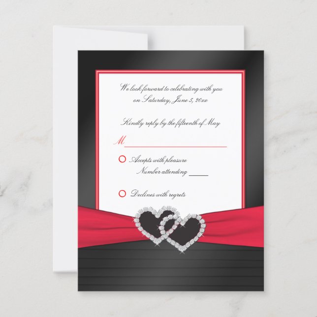 Red and Black Satin Pleats with Hearts Reply Card (Front)