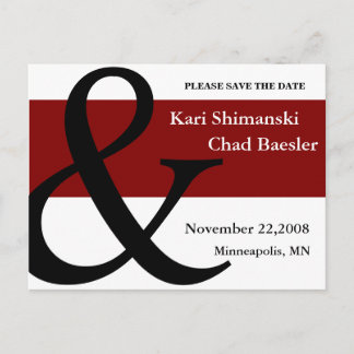 Red and black save the date announcement postcard