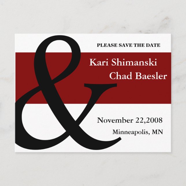 Red and black save the date announcement postcard (Front)