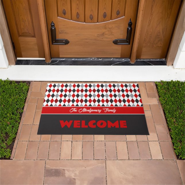 Red and Black School Colors Argyle Pattern Doormat (Outdoor)