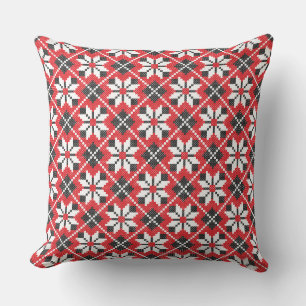 Red and black seamless cross-stitch pattern throw pillow