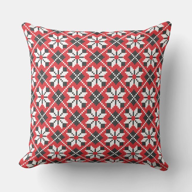 Red and black seamless cross-stitch pattern throw pillow (Front)