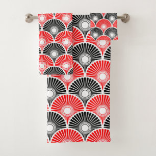 Red and Black Semi Circle Wave Pattern Bath Towel Set