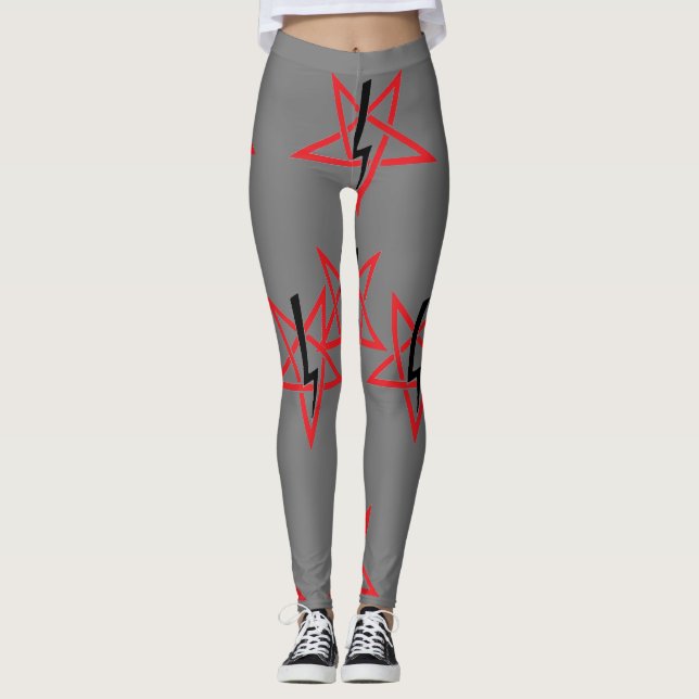 Red And Black Sigil Of Anton LaVey on Gray Leggings (Front)