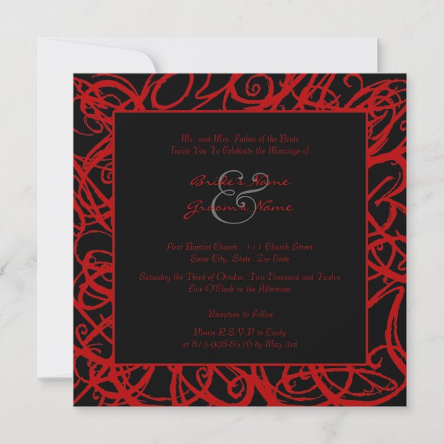 Red and Black Sketchy Frame Wedding Invitation (Front)