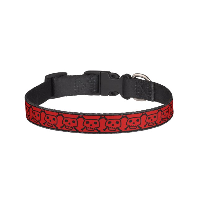 Red and Black Skulls and Crossbones Dog Collar (Front)