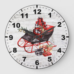 Red and Black Sleigh Packages Christmas Barn Wood Large Clock