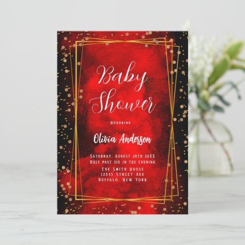 Red and Black Smokey Gold Geometric Baby Shower  Invitation