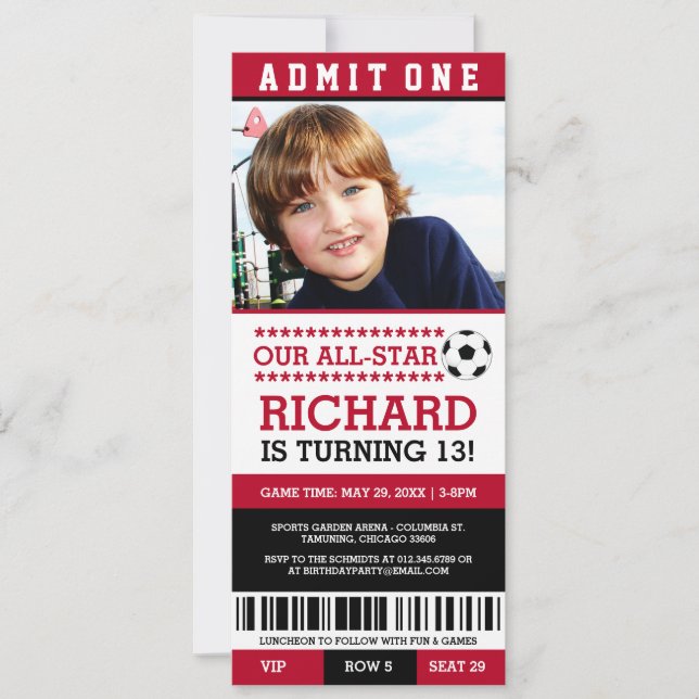 Red and Black Soccer Ticket Birthday Invites (Front)