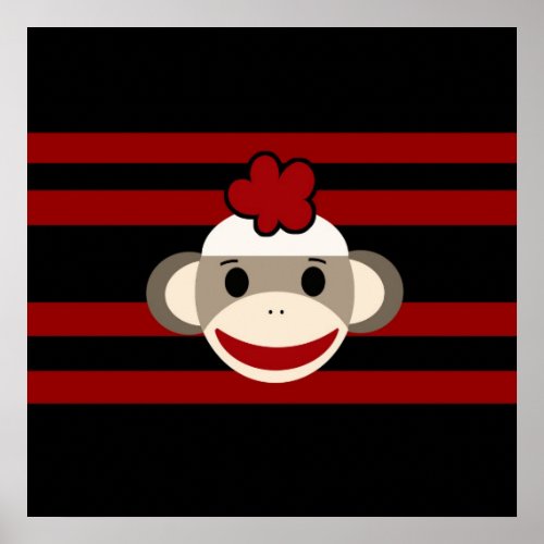 Red and Black Sock Monkey Girl Flower Hat Poster