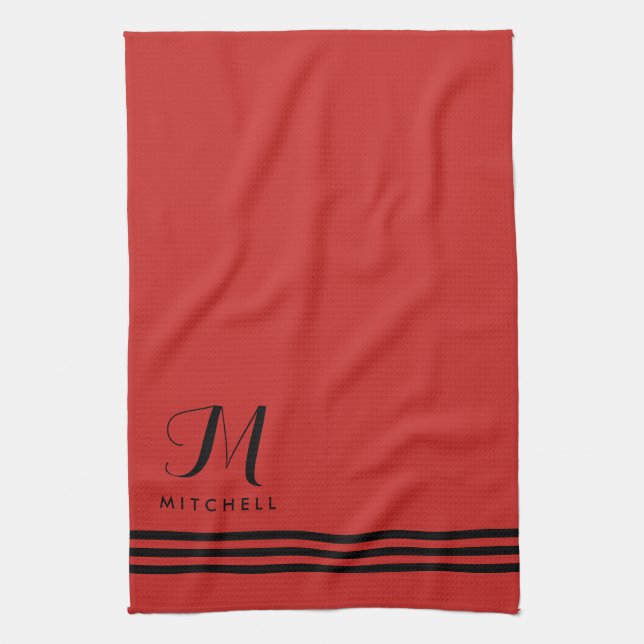 Red and Black Sophisticated Stripes and Monogram Kitchen Towel (Vertical)