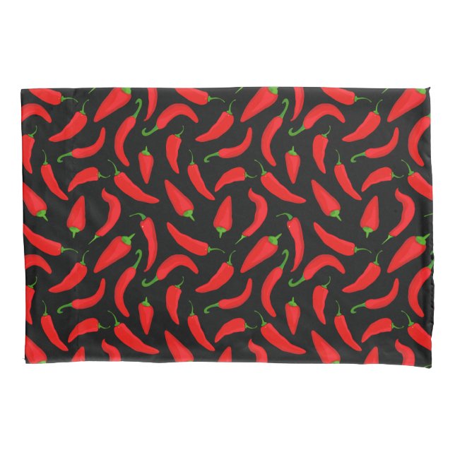 Red and Black Spicy Chilli Pepper Patterned Pillow Case (Front)