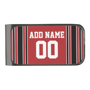 Red and Black Sports Jersey Custom Name Number Gunmetal Finish Money Clip