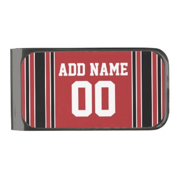 Red And Black Sports Jersey Custom Name Number Gunmetal Finish Money Clip by MyRazzleDazzle at Zazzle