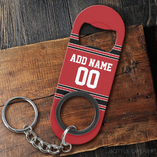 Red and Black Sports Jersey Custom Name Number Keychain Bottle Opener