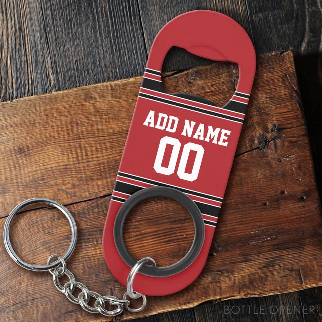 Red and Black Sports Jersey Custom Name Number Keychain Bottle Opener (Custom Bottle Opener)