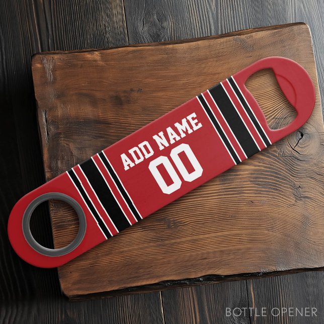 Red and Black Sports Jersey Custom Name Number Speed Bottle Opener (Custom Bar Key)