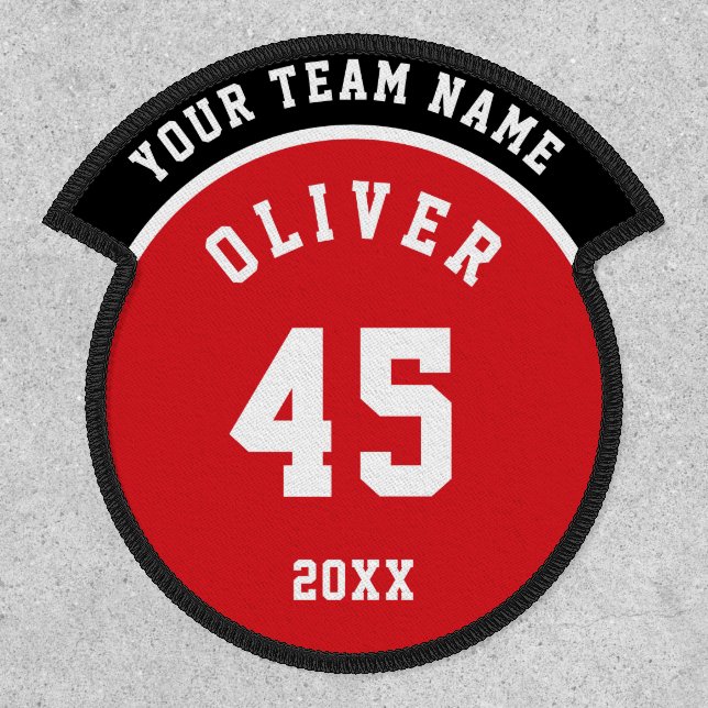 Red and Black Sports Player Team Name Number Patch (Front)