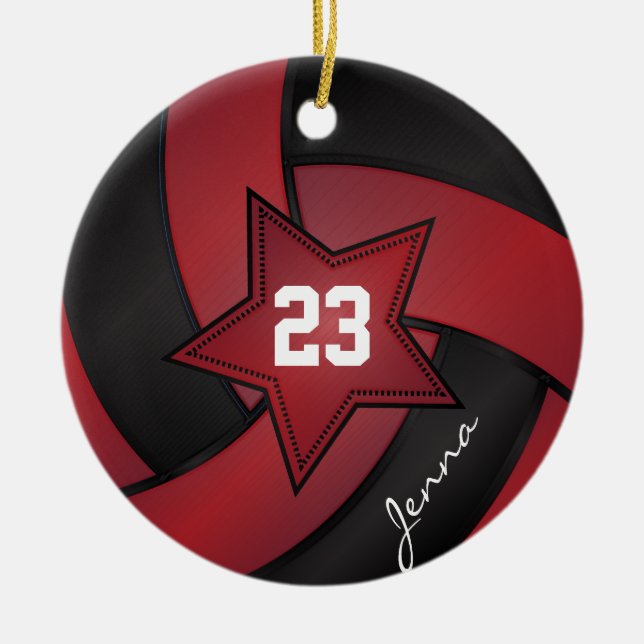 Red and Black Star Volleyball Ceramic Ornament (Front)