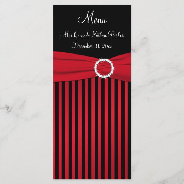 Red and Black Striped Menu Card with Faux Ribbon (Front)