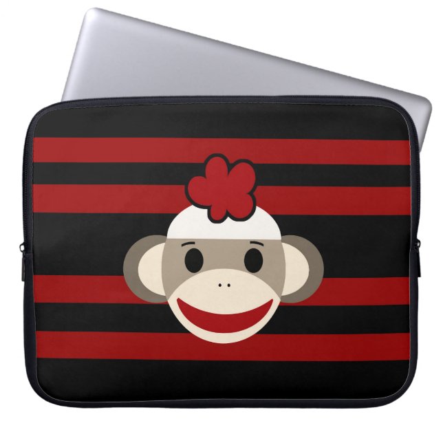 Red and Black Striped Sock Monkey Girl Flower Hat Laptop Sleeve (Front)