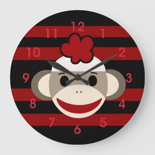 Red and Black Striped Sock Monkey Girl Flower Hat Large Clock