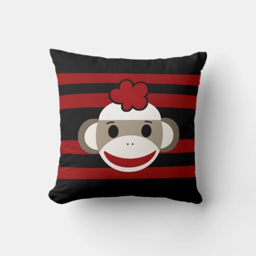 Red and Black Striped Sock Monkey Girl Flower Hat Throw Pillow