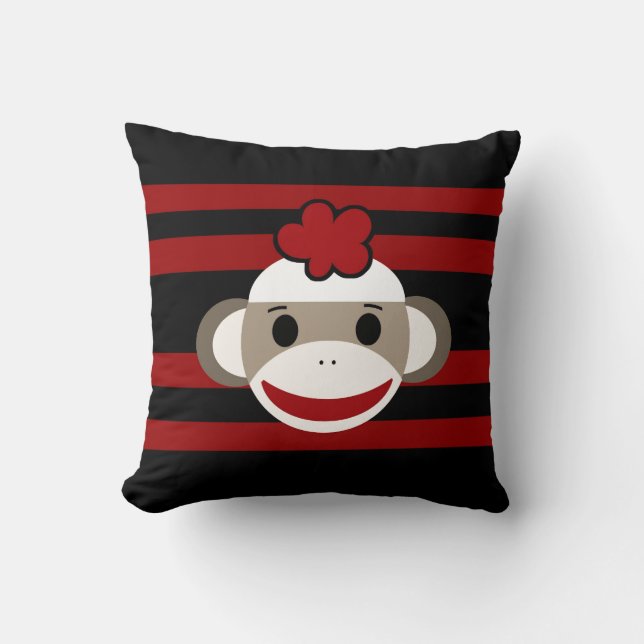 Red and Black Striped Sock Monkey Girl Flower Hat Throw Pillow (Front)