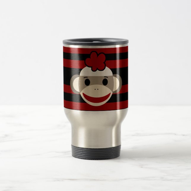 Red and Black Striped Sock Monkey Girl Flower Hat Travel Mug (Center)