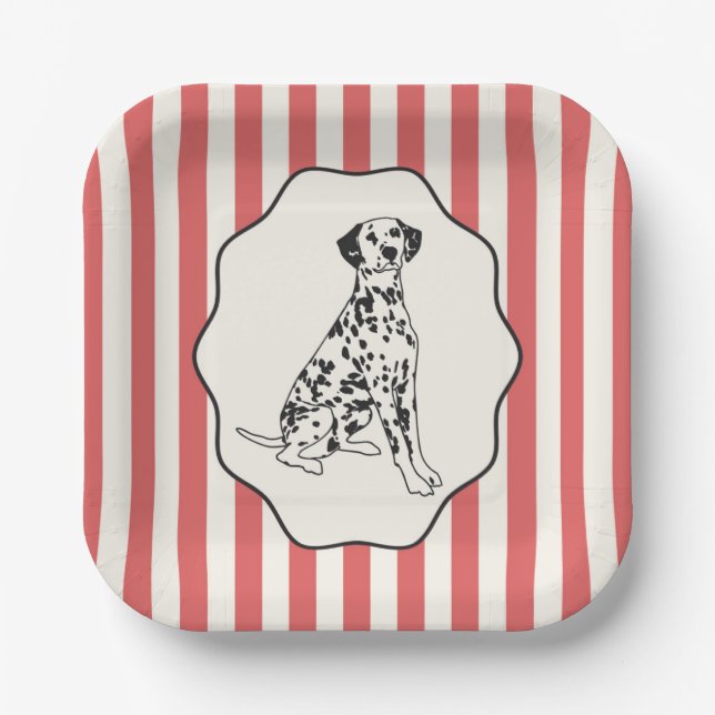 Red and Black Stripes and Dog Illustration Paper Plates (Front)