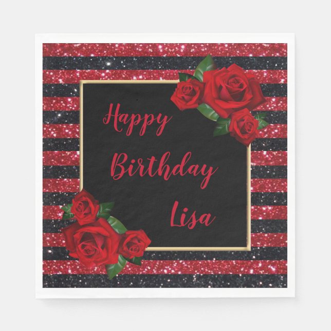Red And Black Stripes Glitter Red Roses Birthday Napkins (Front)