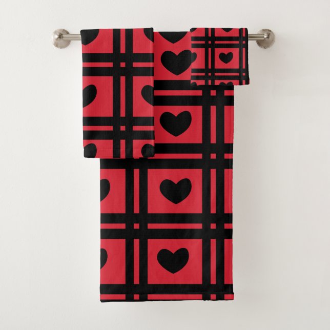 Red and Black Stripes Heart Valentines Day Pattern Bath Towel Set (Insitu)