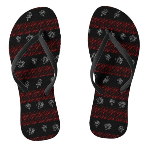 red and black stripes white flowers pattern flip flops