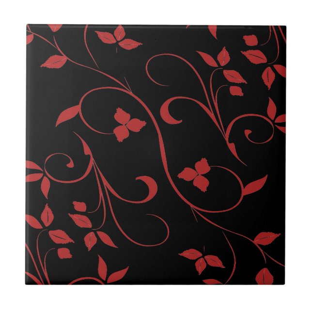 Red and Black Stunning Decorative Fern Ceramic Tile (Front)