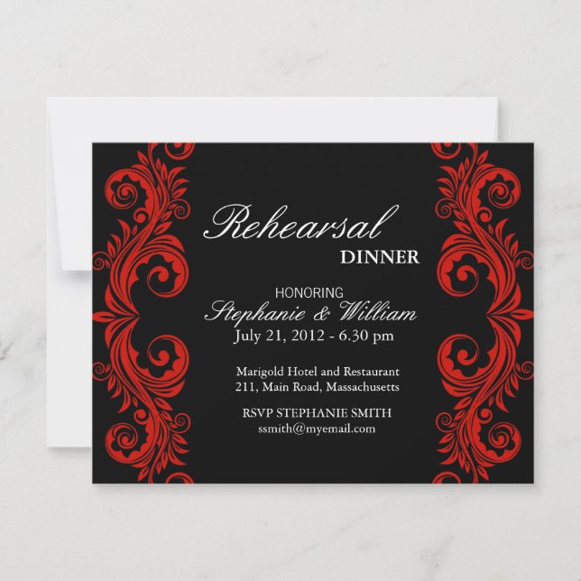 Red and Black Swirl Rehearsal Dinner Card (Front)