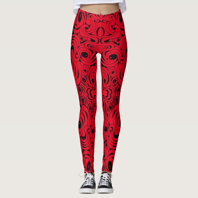 Red and Black Swirling Leggings by Joya Eve (Front)