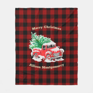 Red and Black Tartan Red Christmas Truck with tree Fleece Blanket