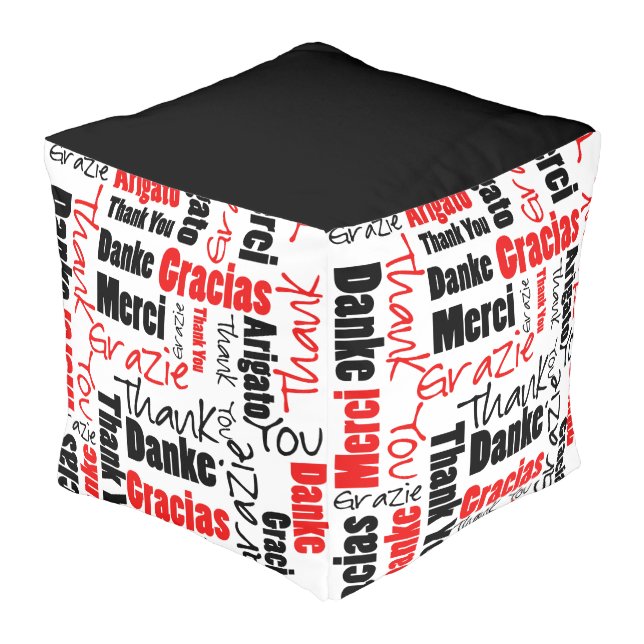 Red and Black Thank You Word Cloud Pouf (Angled Back)